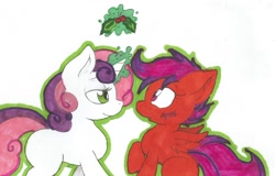 Size: 1286x824 | Tagged: safe, artist:joey darkmeat, artist:krazykari, character:scootaloo, character:sweetie belle, ship:scootabelle, colored, female, holly, holly mistaken for mistletoe, lesbian, shipping, traditional art