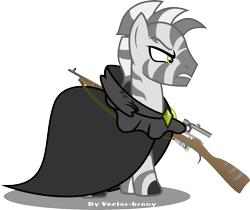 Size: 3833x3227 | Tagged: safe, artist:vector-brony, oc, oc only, oc:lancer, oc:lancer the zebra (project horizons), species:zebra, fallout equestria, fallout equestria: project horizons, cloak, clothing, fanfic art, fusion, gun, rifle, simple background, solo, transparent background, vector, weapon, zebra oc