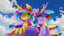 Size: 1509x849 | Tagged: safe, artist:loyaldis, character:princess gold lily, character:princess sterling, cute, eyes closed, happy, looking at you, open mouth, rainbow power, rainbow power-ified, smiling, that was fast, wingding eyes