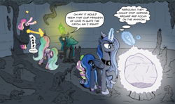 Size: 1024x606 | Tagged: safe, artist:pony-berserker, character:princess cadance, character:princess celestia, character:princess luna, character:queen chrysalis, character:spike, species:alicorn, species:changeling, species:dragon, species:pony, changeling queen, dialogue, fanfic art, female, i can't believe it's not idw, magic, male, mare