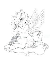 Size: 927x1092 | Tagged: safe, artist:longinius, character:philomena, character:princess celestia, species:alicorn, species:pony, blushing, book, cake, cewestia, filly, grayscale, heart, monochrome, pillow, sketch, younger
