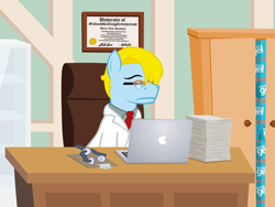 Size: 640x480 | Tagged: safe, artist:aha-mccoy, oc, oc only, oc:tony starkehuf, species:earth pony, species:pony, clothing, computer, diploma, doctor, glasses, lab coat, laptop computer, male, necktie, office, solo, stallion, stethoscope