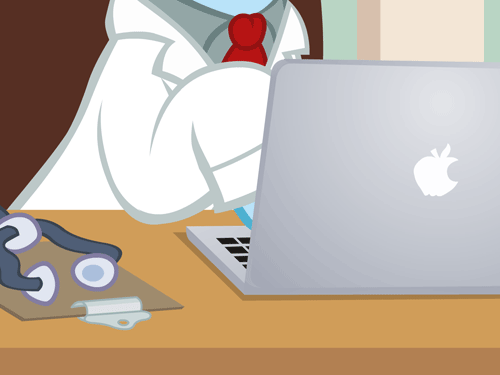 Size: 500x375 | Tagged: safe, artist:aha-mccoy, oc, oc only, oc:tony starkehuf, animated, clipboard, clothing, computer, head out of frame, lab coat, laptop computer, solo, stethoscope, typing