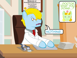 Size: 640x480 | Tagged: safe, artist:aha-mccoy, oc, oc only, oc:nurse flankhurt, oc:tony starkehuf, species:earth pony, species:pony, blank eyes, clipboard, clothing, computer, dialogue, diploma, doctor, glasses, implied porn, lab coat, laptop computer, male, office, offscreen character, speech bubble, stallion, stethoscope, wavy mouth