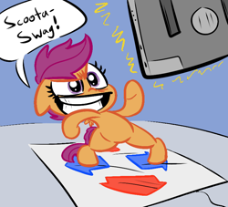Size: 770x700 | Tagged: safe, artist:elslowmo, artist:tess, character:scootaloo, species:pegasus, species:pony, colored, dance dance revolution, dancing, female, rhythm game, solo, swag