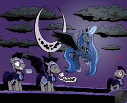 Size: 1024x833 | Tagged: safe, artist:pony-berserker, character:princess luna, species:bat pony, species:pony, cold, echo (bat pony), echo and nocturn, eyes closed, floppy ears, flying, gritted teeth, guardluna, heart, heart eyes, i can't believe it's not idw, ice, magic, night guard, nocturn, smiling, sneezing, snot, snow, spread wings, wide eyes, wings, winter moon celebration, winter solstice
