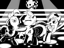 Size: 2000x1500 | Tagged: safe, artist:drawponies, character:dj pon-3, character:pinkie pie, character:rainbow dash, character:vinyl scratch, disco, monochrome, shading, sketch