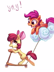 Size: 2586x3448 | Tagged: safe, artist:holivi, character:apple bloom, character:scootaloo, species:pegasus, species:pony, cloud, cute, flying, high res, scooter, towing