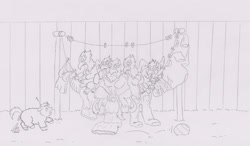 Size: 1500x878 | Tagged: safe, artist:santanon, species:griffon, clothes line, fluffy pony, impending doom, monochrome, wrong neighborhood