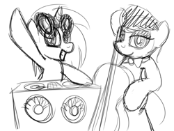 Size: 2000x1500 | Tagged: safe, artist:drawponies, character:dj pon-3, character:octavia melody, character:vinyl scratch, ship:scratchtavia, drawing, female, lesbian, monochrome, pair, shipping, sketch