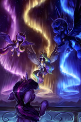 Size: 1000x1500 | Tagged: safe, artist:assasinmonkey, character:princess cadance, character:princess celestia, character:princess luna, character:twilight sparkle, character:twilight sparkle (alicorn), species:alicorn, species:pony, episode:twilight's kingdom, g4, my little pony: friendship is magic, alicorn tetrarchy, aurora borealis, aurora crystialis, bipedal leaning, female, floppy ears, fluffy, looking up, mare, messy mane, scene interpretation, smiling, spread wings, wings