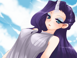 Size: 400x300 | Tagged: safe, artist:loyaldis, character:rarity, species:human, g4, braless, clothing, curved horn, curvy, erect nipples, eyeshadow, female, horn, horned humanization, humanized, lidded eyes, looking at you, makeup, nipple outline, smiling, solo