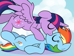 Size: 2000x1500 | Tagged: safe, artist:drawponies, artist:stellarsynthesis, character:rainbow dash, character:twilight sparkle, character:twilight sparkle (alicorn), species:alicorn, species:pegasus, species:pony, ship:twidash, collaboration, couple, eyes closed, female, kissing, lesbian, mare, on back, shipping