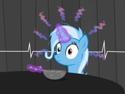 Size: 1200x900 | Tagged: safe, artist:evil-dec0y, character:trixie, species:pony, species:unicorn, bowl, electrocardiogram, female, glowing horn, horn, magic, mare, messy mane, solo, telekinesis