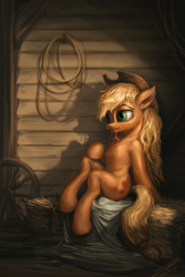 Size: 667x1000 | Tagged: safe, artist:assasinmonkey, character:applejack, barn, belly button, female, loose hair, semi-anthro, sitting, solo