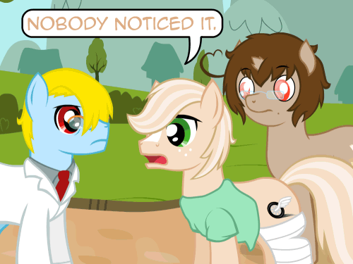 Size: 500x375 | Tagged: safe, artist:aha-mccoy, oc, oc only, oc:jay aaron mclovin, oc:terrie ben dover, oc:tony starkehuf, species:earth pony, species:pony, species:unicorn, animated, bandage, breaking the fourth wall, broken horn, cast, clothing, dialogue, doctor, glasses, lab coat, looking at you, male, necktie, nopony-ask-mclovin, speech bubble, stallion