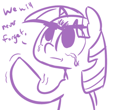 Size: 1100x1000 | Tagged: source needed, safe, artist:tess, character:twilight sparkle, context is for the weak, crying, female, frown, glare, manly tears, monochrome, never forget, serious face, shaking, solo