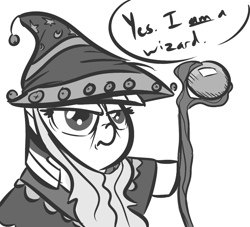 Size: 1100x1000 | Tagged: safe, artist:tess, character:star swirl the bearded, character:twilight sparkle, species:pony, species:unicorn, are you a wizard, clothing, costume, female, mare, monochrome, solo, staff, subverted meme, wizard