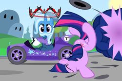 Size: 2250x1500 | Tagged: safe, artist:navitaserussirus, character:trixie, character:twilight sparkle, alicorn amulet, crossover, death stare, faceplant, luigi's death stare, mario kart, mario kart 8, meme, moustache, super mario bros., vehicle