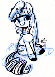 Size: 570x800 | Tagged: safe, artist:php27, character:rarity, species:pony, g4, beatnik rarity, beret, clothing, female, mare, signature, simple background, sitting, solo, sweater