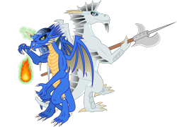 Size: 3000x2165 | Tagged: safe, artist:cheezedoodle96, oc, oc only, species:dragon, dragon oc, dungeons and dragons, duo, fire, fireball, halberd, magic, magic aura, simple background, teenaged dragon, transparent background, vector