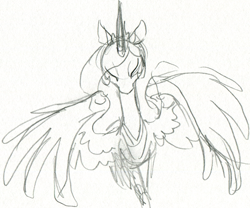 Size: 1000x832 | Tagged: safe, artist:php27, character:princess celestia, species:alicorn, species:pony, g4, eyes closed, female, mare, monochrome, simple background, solo, spread wings, traditional art, wings