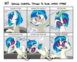 Size: 1600x1300 | Tagged: safe, artist:adequality, artist:jessy, character:dj pon-3, character:vinyl scratch, oc, oc:anon, accessory theft, blushing, dialogue, disembodied hand, doing loving things, exclamation point, floppy ears, hand, interrobang, meme, open mouth, question mark, tsundere, turntable, waifu