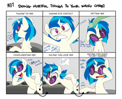Size: 1600x1300 | Tagged: safe, artist:adequality, artist:jessy, character:dj pon-3, character:vinyl scratch, oc, oc:anon, species:pony, accessory theft, blushing, dialogue, doing loving things, exclamation point, interrobang, meme, open mouth, question mark, tsundere, turntable, waifu