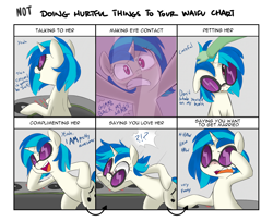Size: 1600x1300 | Tagged: safe, artist:jessy, character:dj pon-3, character:vinyl scratch, accessory theft, blushing, cute, dialogue, doing loving things, facial expressions, floppy ears, laughing, meme, missing accessory, petting, rejection, turntable, vinylbetes
