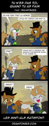 Size: 563x1420 | Tagged: safe, artist:drawponies, oc, oc only, oc:calamity, oc:littlepip, species:pegasus, species:pony, species:unicorn, fallout equestria, clothing, comic, fanfic, fanfic art, female, french, hat, horn, male, mare, pipbuck, smiling, stallion, translation, vault suit, wasteland, wings