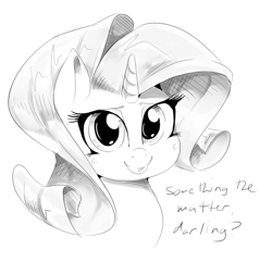Size: 700x674 | Tagged: safe, artist:sirmasterdufel, character:rarity, cute, female, grayscale, monochrome, portrait, simple background, solo