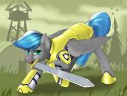 Size: 2400x1800 | Tagged: safe, artist:captainpudgemuffin, oc, oc only, oc:cloud zapper, species:pegasus, species:pony, armor, looking at you, royal guard, solo, sword, weapon