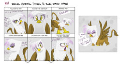 Size: 2451x1300 | Tagged: source needed, safe, artist:adequality, artist:jessy, character:gilda, species:griffon, blushing, crying, cute, doing loving things, eyes closed, female, fluffy, frown, gildadorable, gildere, glare, looking at you, looking away, meme, question mark, raised eyebrow, smirk, spread wings, sweat, tail wag, tsundere, waifu, wide eyes, wings