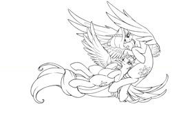 Size: 1441x1002 | Tagged: safe, artist:longinius, character:princess celestia, character:twilight sparkle, character:twilight sparkle (alicorn), species:alicorn, species:pony, ship:twilestia, bedroom eyes, cuddling, cute, eye contact, female, grayscale, intertwined tails, lesbian, lineart, mare, monochrome, on back, shipping, sitting, smiling, snuggling, spread wings, wings