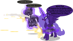 Size: 3387x1941 | Tagged: safe, artist:vector-brony, oc, oc only, oc:lacunae, species:alicorn, species:earth pony, species:pony, fallout equestria, fallout equestria: project horizons, alicorn oc, armor, artificial alicorn, fallout, fanfic, fanfic art, female, glowing horn, gun, hooves, horn, levitation, magic, mare, minigun, open mouth, power armor, purple alicorn (fo:e), rocket launcher, shooting, simple background, spread wings, steel ranger, steel rangers, telekinesis, transparent background, weapon, wings