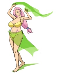 Size: 900x1123 | Tagged: safe, artist:moronsonofboron, character:fluttershy, species:human, g4, alternative cutie mark placement, armpits, barefoot, belly button, big breasts, bikini, breasts, busty fluttershy, clothing, curvy, cutie mark, ear piercing, earring, feet, female, humanized, jewelry, piercing, sarong, simple background, solo, swimsuit, yellow swimsuit