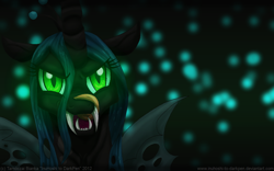 Size: 900x563 | Tagged: safe, artist:inuhoshi-to-darkpen, character:queen chrysalis, species:changeling, changeling queen, fangs, female