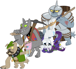 Size: 3000x2706 | Tagged: safe, artist:cheezedoodle96, character:fido, character:rarity, character:rover, species:diamond dog, species:pony, armor, arrow, belt, bow (weapon), bruised, captured, carrying, clothing, collar, dungeons and dragons, earring, female, goatee, hat, helmet, injured, leaves, mace, mare, moustache, pickaxe, roleplaying, saddle bag, scene interpretation, shield, simple background, spot, tattoo, transparent background, unamused, vector, vest