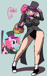 Size: 718x1162 | Tagged: safe, artist:moronsonofboron, character:pinkie pie, species:earth pony, species:human, species:pony, g4, big breasts, breasts, busty pinkie pie, clothing, female, hat, humanized, leotard, mare, solo, spats, thighs, top hat, tuxedo