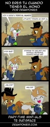 Size: 563x1420 | Tagged: safe, artist:drawponies, oc, oc only, oc:calamity, oc:littlepip, species:pegasus, species:pony, species:unicorn, fallout equestria, clothing, comic, fanfic, fanfic art, female, hat, horn, male, mare, pipbuck, smiling, spanish, stallion, translation, vault suit, wasteland, wings