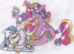 Size: 2974x2165 | Tagged: safe, artist:cuddlelamb, character:princess cadance, character:shining armor, species:pony, age regression, baby, baby pony, baby powder, diaper, diaper change, foal, traditional art