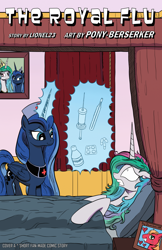 Size: 1024x1582 | Tagged: safe, artist:pony-berserker, character:big mcintosh, character:princess celestia, character:princess luna, species:earth pony, species:pony, comic:the royal flu, ship:celestimac, bed, comic, comic cover, glass syringe, i can't believe it's not idw, injection, magic, male, nurse, nurse luna, nurse outfit, picture, pills, rectal thermometer, shipping, stallion, straight, syringe, syrup, thermometer, this will end in pain