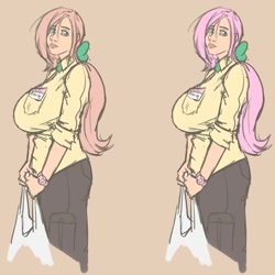 Size: 800x800 | Tagged: safe, artist:moronsonofboron, character:fluttershy, species:human, g4, big breasts, breasts, busty fluttershy, female, humanized, simple background, solo