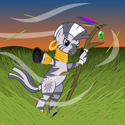 Size: 2900x2900 | Tagged: safe, artist:cheezedoodle96, character:zecora, species:zebra, bipedal, druid, dungeons and dragons, female, solo, staff, sunset, vector, wind