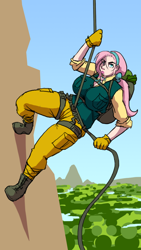 Size: 678x1200 | Tagged: safe, artist:moronsonofboron, character:fluttershy, species:human, big breasts, boots, breasts, busty fluttershy, climbing harness, clothing, female, frog, gloves, huge breasts, humanized, rock climbing, rope, solo