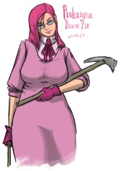 Size: 698x1000 | Tagged: safe, artist:moronsonofboron, character:pinkamena diane pie, character:pinkie pie, species:human, breasts, busty pinkie pie, female, glasses, humanized, pickaxe, simple background, solo