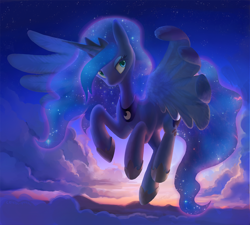 Size: 1650x1482 | Tagged: safe, artist:dawnfire, character:princess luna, species:alicorn, species:pony, g4, backlighting, cloud, cloudy, colored pupils, female, flying, jewelry, lidded eyes, looking at you, mare, regalia, sky, solo, spread wings, sunset, wing fluff, wings