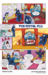 Size: 1280x1978 | Tagged: safe, artist:pony-berserker, character:kibitz, character:princess celestia, character:princess luna, character:tiberius, comic:the royal flu, bed, comic, hilarious in hindsight, i can't believe it's not idw, magic, royal guard, sick, sneezing, throne, tissue, tissue box