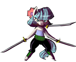 Size: 1280x1045 | Tagged: safe, artist:fauxsquared, character:coco pommel, crossover, female, one piece, roronoa zoro, solo, sword, weapon