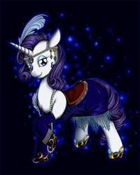 Size: 823x1029 | Tagged: safe, artist:longinius, character:rarity, bedroom eyes, bracelet, clothed ponies, clothing, dress, feather, female, flapper, floppy ears, grin, headdress, jewelry, looking at you, necklace, raised hoof, saddle, smiling, solo